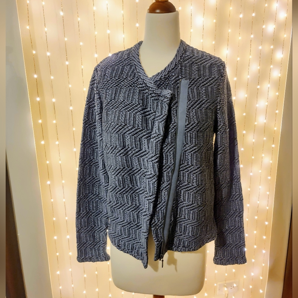 EUC Ann Taylor LOFT Maze Chunky Knit Moto Jacket in Blue Sea - Picture 8 of 12